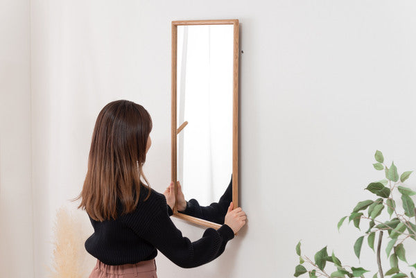 ウォールミラー ミラー 鏡 かがみ 壁 壁掛け 壁掛けミラー 姿見 長方形 80×40 40×80 木製 天然木 オーク ドレッサー 玄関 リビング 飛散防止 ベージュ