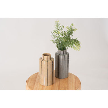 フラワーベース 花瓶 花びん かびん 陶器 卓上 床置き 和 モダン レトロ インテリア かわいい 大きい 大きめ ベージュ グレー 22cm ストライプ ボーダー スリム