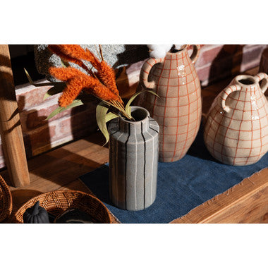 フラワーベース 花瓶 花びん かびん 陶器 卓上 床置き 和 モダン レトロ インテリア かわいい 大きい 大きめ ベージュ グレー 22cm ストライプ ボーダー スリム
