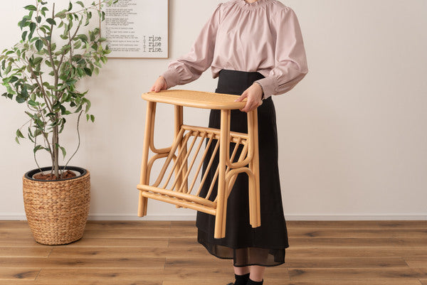 サイドテーブル 収納 北欧 木製 高さ50cm テーブル 机 ラタン 籐 天然ラタン 軽量 軽い ナチュラル ベージュ リゾート マガジンラック 本棚
