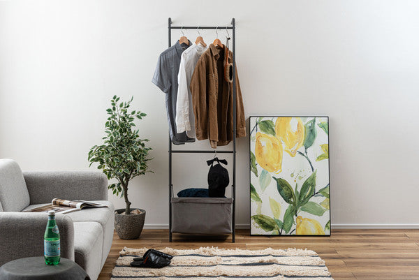 ポールハンガー 立てかけハンガー バスケット付き バスケット 立てかけ 壁面収納 洋服掛け 部屋干し かばん ぼうし 帽子 コート掛け キッズ 省スペース スチール